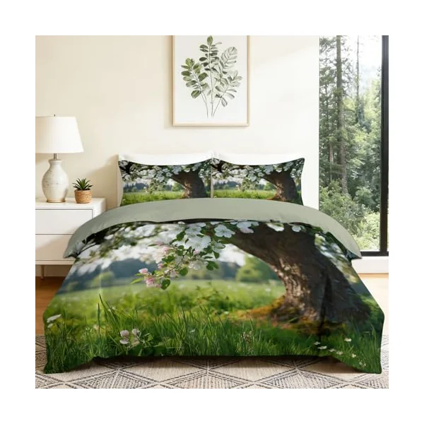 Cot-bed Duvet Cover Sets Spring Grassland Apple Tree Quilt Cover 2 Pieces with Zipper, Nature Photography Soft Microfiber Bedding Gray Green Hypoallergenic Bedding Set for Adult Boys Girls