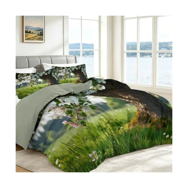 Cot-bed Duvet Cover Sets Spring Grassland Apple Tree Quilt Cover 2 Pieces with Zipper, Nature Photography Soft Microfiber Bedding Gray Green Hypoallergenic Bedding Set for Adult Boys Girls