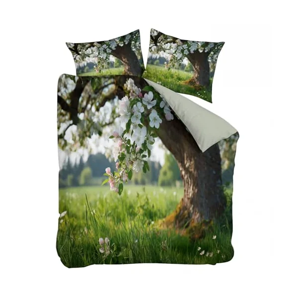 Cot-bed Duvet Cover Sets Spring Grassland Apple Tree Quilt Cover 2 Pieces with Zipper, Nature Photography Soft Microfiber Bedding Gray Green Hypoallergenic Bedding Set for Adult Boys Girls