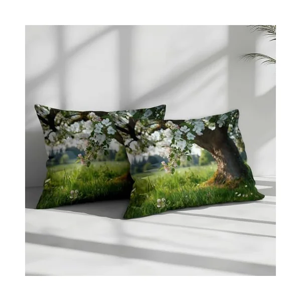 Cot-bed Duvet Cover Sets Spring Grassland Apple Tree Quilt Cover 2 Pieces with Zipper, Nature Photography Soft Microfiber Bedding Gray Green Hypoallergenic Bedding Set for Adult Boys Girls