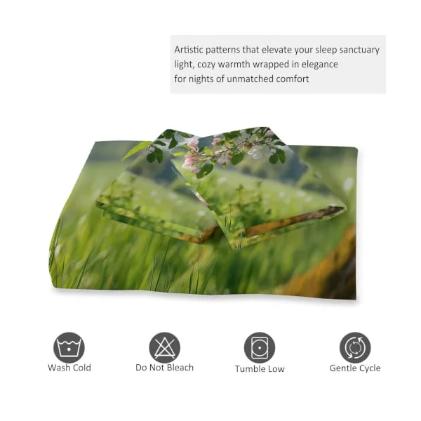 Cot-bed Duvet Cover Sets Spring Grassland Apple Tree Quilt Cover 2 Pieces with Zipper, Nature Photography Soft Microfiber Bedding Gray Green Hypoallergenic Bedding Set for Adult Boys Girls