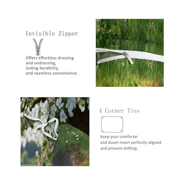 Cot-bed Duvet Cover Sets Spring Grassland Apple Tree Quilt Cover 2 Pieces with Zipper, Nature Photography Soft Microfiber Bedding Gray Green Hypoallergenic Bedding Set for Adult Boys Girls