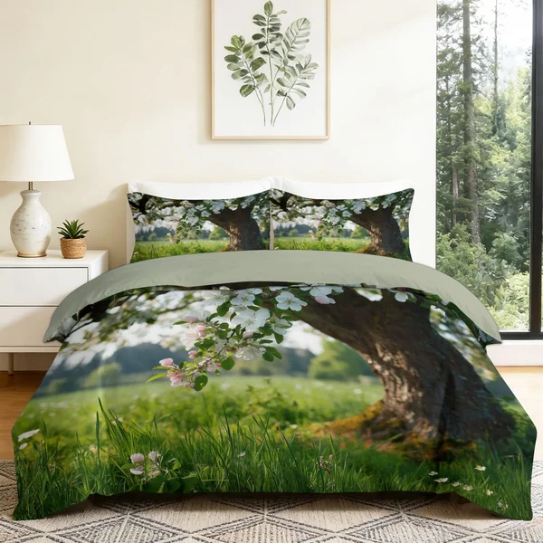 Cot-bed Duvet Cover Sets Spring Grassland Apple Tree Quilt Cover 2 Pieces with Zipper, Nature Photography Soft Microfiber Bedding Gray Green Hypoallergenic Bedding Set for Adult Boys Girls