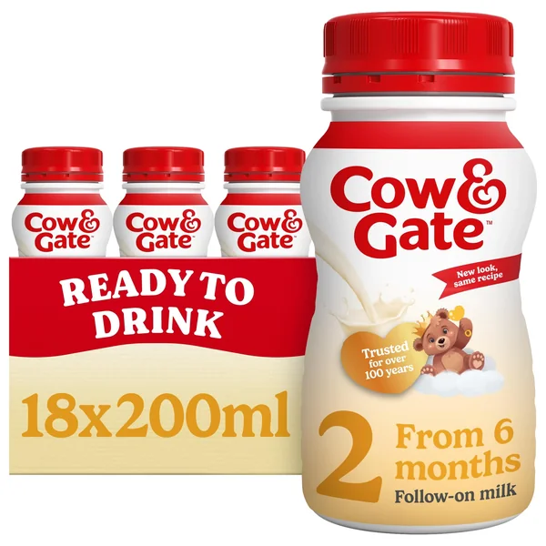 Cow & Gate 2 Follow On Baby Milk Liquid Formula, 6-12 Months, 18x200ml | Ready to use baby milk formula liquid