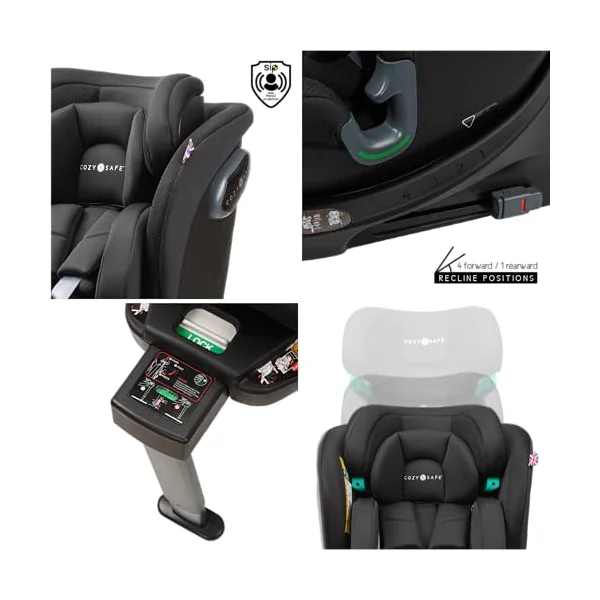 Cozy N Safe Stanford i-Size 360 Rotating Car Seat 40-150cm, ISOFix & Support Leg, Rear & Forward Facing, 5 Recline Positions, Adjustable Headrest, Side Impact Protection, Birth to 12 Years (Jet)