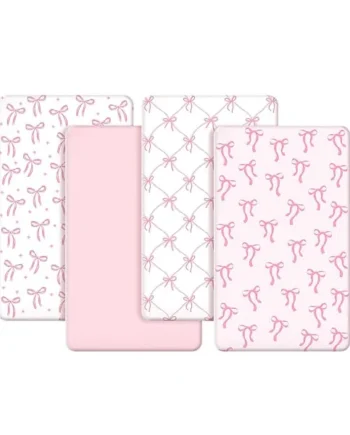 CroBlissful 4 Pack Coquette Pink Bows Baby Crib Fitted Sheet 52'' x 28'' Pink Bows Fitted Crib Mattress Sheet Coquette Baby Bedding for Standard Mattress Gift Set