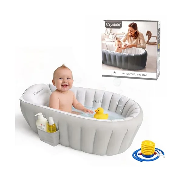 Crystals Inflatable Baby Bath Tub for Newborns & Toddlers – Foldable Portable Baby Bathtub with Non-Slip Cushioned Base, Quick Inflate, Easy Drain Plug & Travel-Friendly Infant Bath