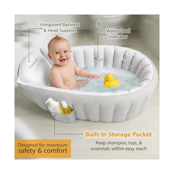 Crystals Inflatable Baby Bath Tub for Newborns & Toddlers – Foldable Portable Baby Bathtub with Non-Slip Cushioned Base, Quick Inflate, Easy Drain Plug & Travel-Friendly Infant Bath