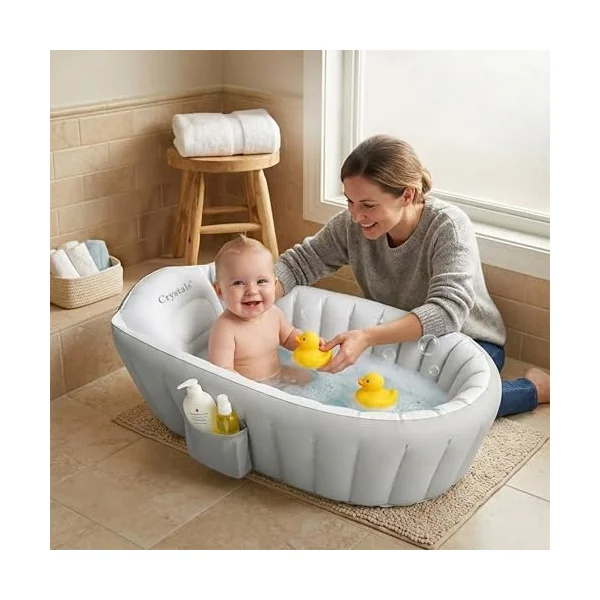 Crystals Inflatable Baby Bath Tub for Newborns & Toddlers – Foldable Portable Baby Bathtub with Non-Slip Cushioned Base, Quick Inflate, Easy Drain Plug & Travel-Friendly Infant Bath