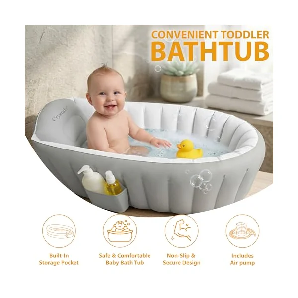 Crystals Inflatable Baby Bath Tub for Newborns & Toddlers – Foldable Portable Baby Bathtub with Non-Slip Cushioned Base, Quick Inflate, Easy Drain Plug & Travel-Friendly Infant Bath