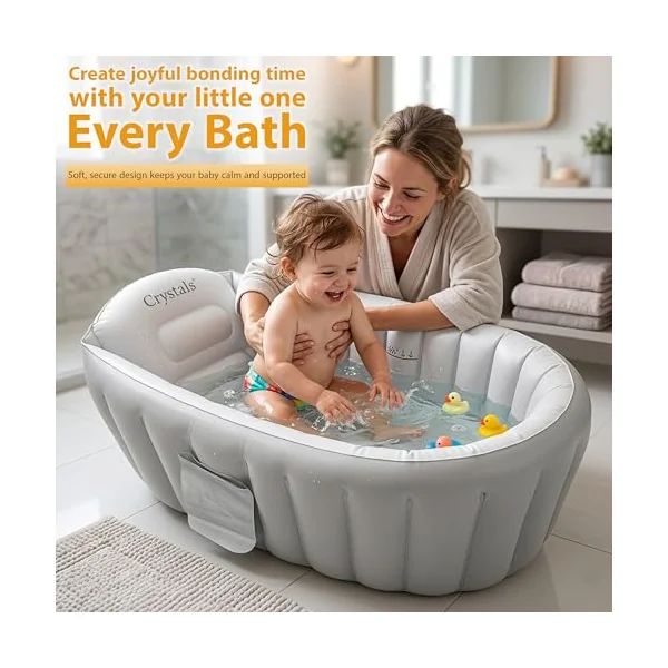 Crystals Inflatable Baby Bath Tub for Newborns & Toddlers – Foldable Portable Baby Bathtub with Non-Slip Cushioned Base, Quick Inflate, Easy Drain Plug & Travel-Friendly Infant Bath