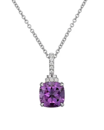 Cushion Cut Amethyst & 0.10ctw Diamond Pendant, 14ct White Gold
