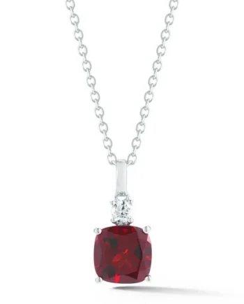 Cushion Cut Garnet & 0.10ctw Diamond Pendant, 14ct White Gold
