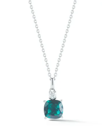 Cushion Cut Lab Emerald & 0.10ctw Diamond Pendant, 14ct White Gold