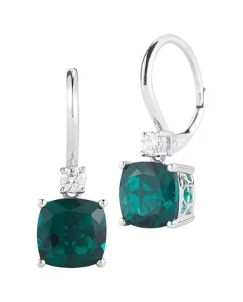 Cushion Cut Lab Emerald & 0.16ctw Diamond Earrings, 14ct White Gold