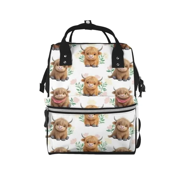 Cute Highland Cow Printed Diaper Bag Backpack Baby Bag Multi Function Baby Changing Bags For Travel, Black, One Size