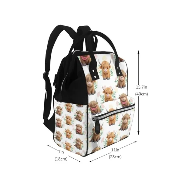 Cute Highland Cow Printed Diaper Bag Backpack Baby Bag Multi Function Baby Changing Bags For Travel, Black, One Size