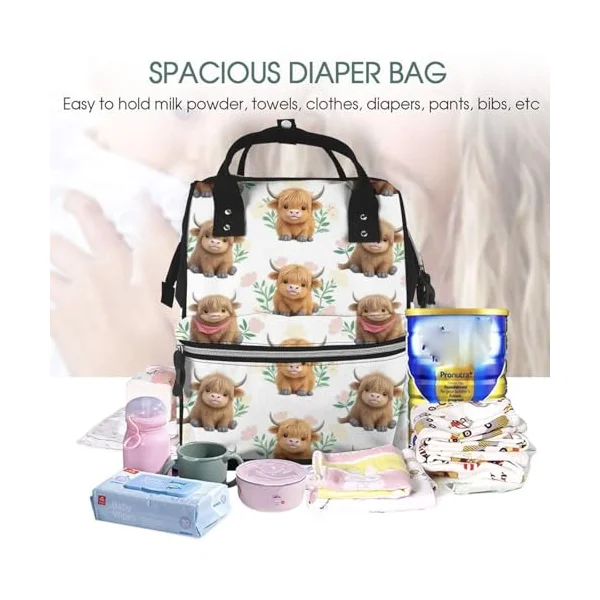 Cute Highland Cow Printed Diaper Bag Backpack Baby Bag Multi Function Baby Changing Bags For Travel, Black, One Size