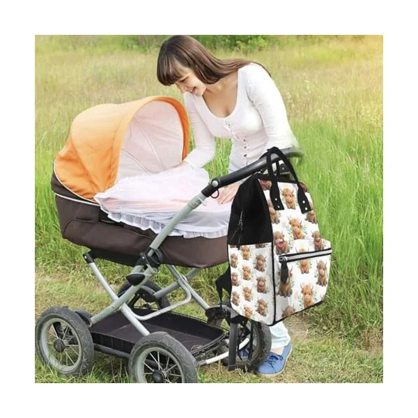 Cute Highland Cow Printed Diaper Bag Backpack Baby Bag Multi Function Baby Changing Bags For Travel, Black, One Size