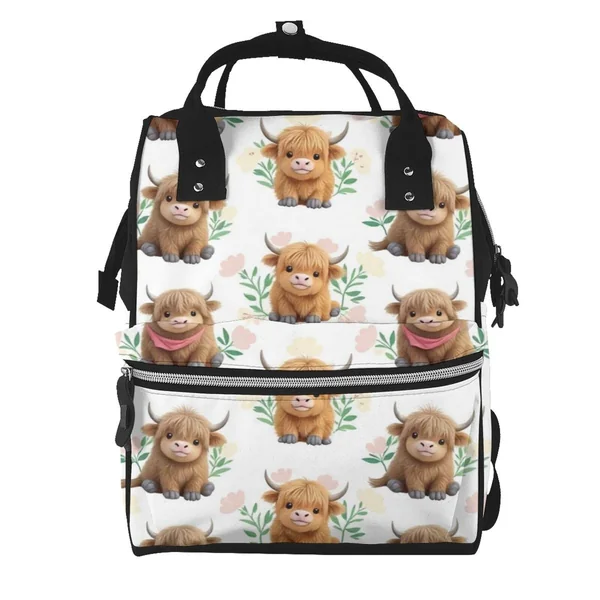 Cute Highland Cow Printed Diaper Bag Backpack Baby Bag Multi Function Baby Changing Bags For Travel, Black, One Size