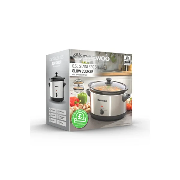 Daewoo Slow Cooker 6.5 Litre With 3 Heat settings Easy Clean Silver SDA1788GE