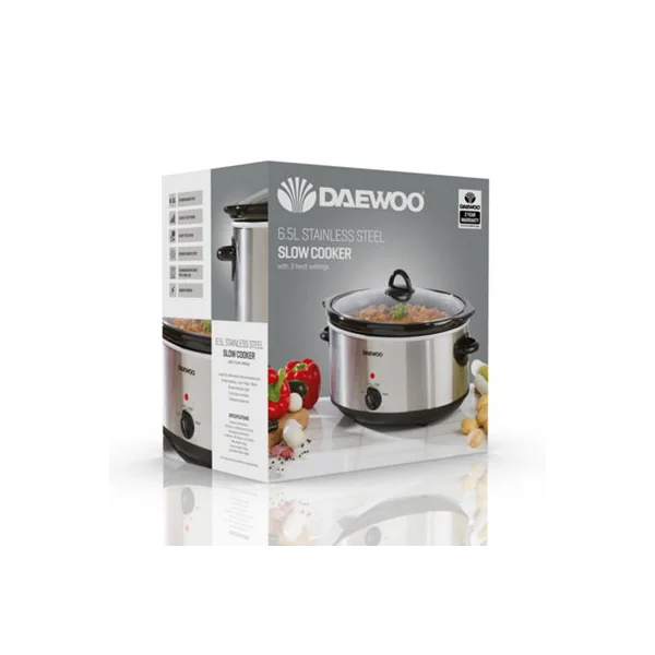 Daewoo Slow Cooker 6.5 Litre With 3 Heat settings Easy Clean Silver SDA1788GE