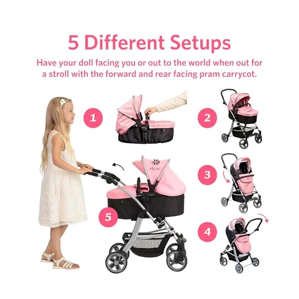 Daisy Chain Connect 5 in 1 Dolls Pram – (Classic Pink) | Adjustable Handles From 48-85cm - For 4,5,6,7 and 8 Year Old Girls – Baby Doll Pram, Pushchair, Stroller