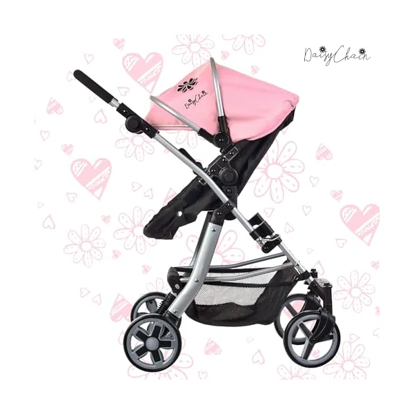 Daisy Chain Connect 5 in 1 Dolls Pram – (Classic Pink) | Adjustable Handles From 48-85cm - For 4,5,6,7 and 8 Year Old Girls – Baby Doll Pram, Pushchair, Stroller
