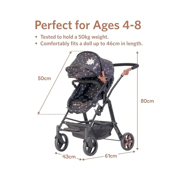 Daisy Chain Connect 5 in 1 Dolls Pram – (Twilight) | Adjustable Handles From 48-85cm - For 4,5,6,7 and 8 Year Old Girls – Baby Doll Pram, Pushchair, Stroller