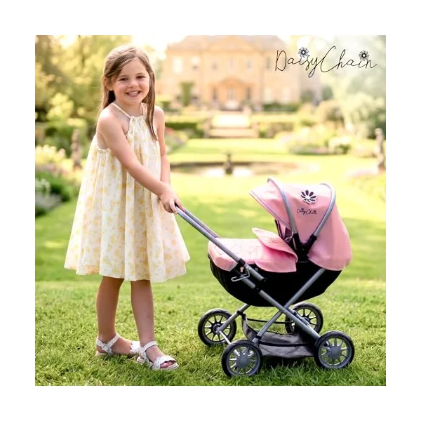 Daisy Chain My First Dolls Pram – For Girls Age 18 Months+ (Classic Pink) | Baby Doll Pram For 1, 2, 3, 4 Year Old Girls - Toy Pushchair Stroller