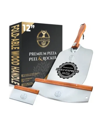 Deer & Oak Premium Pizza Peel Set 12"x14" - Aluminium Pizza Spatula, Rocker & Dough Scraper with Foldable Wooden Handle