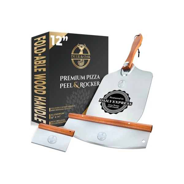 Deer & Oak Premium Pizza Peel Set 12"x14" - Aluminium Pizza Spatula, Rocker & Dough Scraper with Foldable Wooden Handle