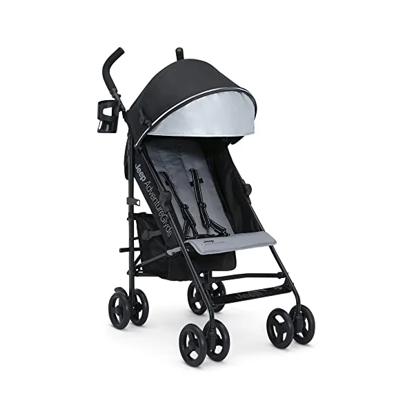 Delta Children Jeep AdventureGlyde Lightweight Travel Stroller with Smoothest Ride and Compact Folding, 3-Position Recliner, Extra Large Storage Basket, Black/Grey