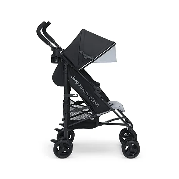 Delta Children Jeep AdventureGlyde Lightweight Travel Stroller with Smoothest Ride and Compact Folding, 3-Position Recliner, Extra Large Storage Basket, Black/Grey