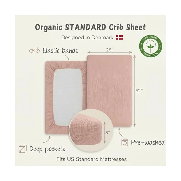 Denmark - Super Soft Muslin Fitted Baby Bed Sheets for Boys and Girls – Standard Size for 28'' x 52'' Crib Mattress - 100% Organic Cotton for Ultimate Comfort (Blush)