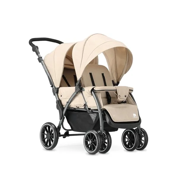 Deryan Elena Duo Tandem Double Pushchair - Baby & Toddler Tandem Pushchair with Raincover, Suitable from Birth to Approx. 3 Years (30kg), Compact & Foldable, 5-Point Harness, Nougat