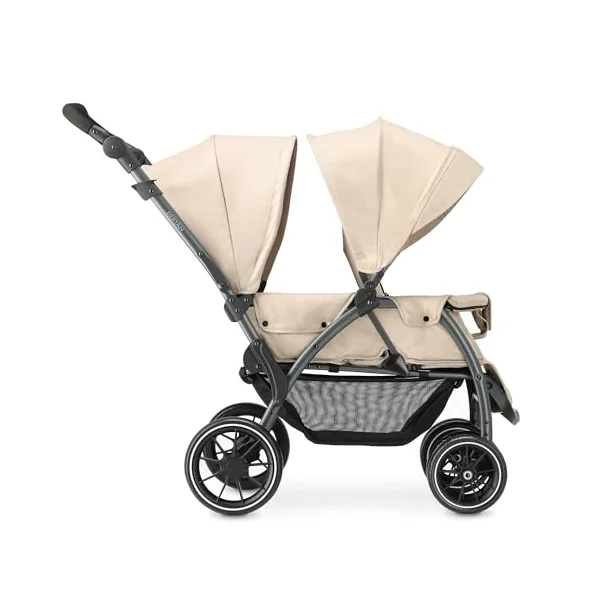 Deryan Elena Duo Tandem Double Pushchair - Baby & Toddler Tandem Pushchair with Raincover, Suitable from Birth to Approx. 3 Years (30kg), Compact & Foldable, 5-Point Harness, Nougat