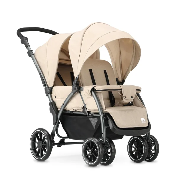 Deryan Elena Duo Tandem Double Pushchair - Baby & Toddler Tandem Pushchair with Raincover, Suitable from Birth to Approx. 3 Years (30kg), Compact & Foldable, 5-Point Harness, Nougat