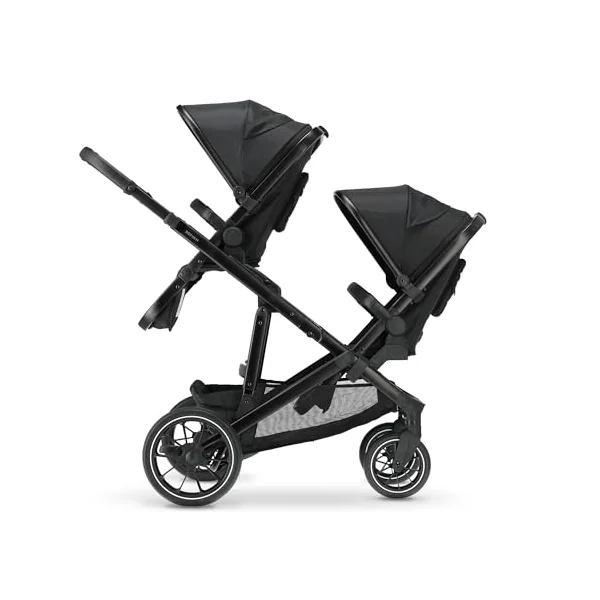Deryan Evy V2 Pram for 2 Children, Baby & Toddler Tandem Pushchair, Double Second Seat from 6 Months, Baby Pram Buggy up to 50 kg, 2-in-1 Complete Set (Black+Seat)