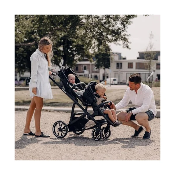 Deryan Evy V2 Pram for 2 Children, Baby & Toddler Tandem Pushchair, Double Second Seat from 6 Months, Baby Pram Buggy up to 50 kg, 2-in-1 Complete Set (Black+Seat)
