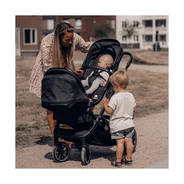 Deryan Evy V2 Pram for 2 Children, Baby & Toddler Tandem Pushchair, Double Second Seat from 6 Months, Baby Pram Buggy up to 50 kg, 2-in-1 Complete Set (Black+Seat)