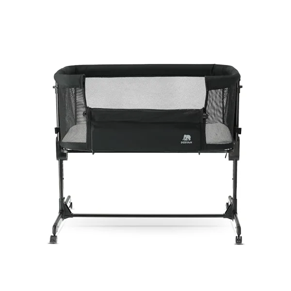 DERYAN Snoozy 3-in-1 Baby Bedside Crib - 7-Level Heights Adjustable Bassinet with Mattress, Lockable Wheels, Newborn Bedside Sleeper for Birth to 9kg - Black