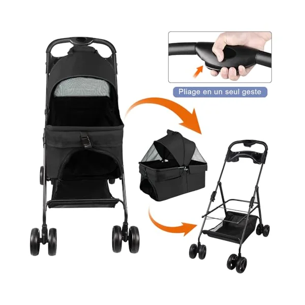 Detachable Pet Stroller 50×65×99cm Foldable Dog Cat Pushchair, Removable Travel Carrier Basket with Breathable Mesh, Storage Basket & Safety Harness