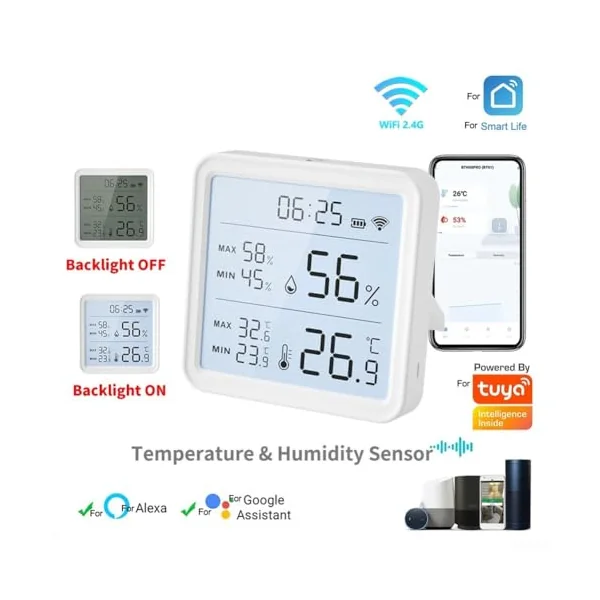 Digital Room Thermometer Hygrometer For Alexa Google Home | for tuya app , real-time data, year-long history export, for trend analysis, for ios for android compatible