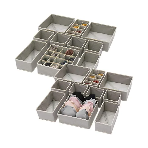 DIOMMELL Set of 21 Foldable Cloth Storage Box Closet Dresser Drawer Organizer Fabric Baskets Bins Containers Divider for Baby Clothes Underwear Bras Socks Lingerie Clothing,Grey 11-4249