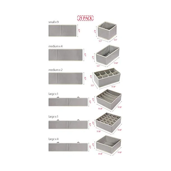 DIOMMELL Set of 21 Foldable Cloth Storage Box Closet Dresser Drawer Organizer Fabric Baskets Bins Containers Divider for Baby Clothes Underwear Bras Socks Lingerie Clothing,Grey 11-4249