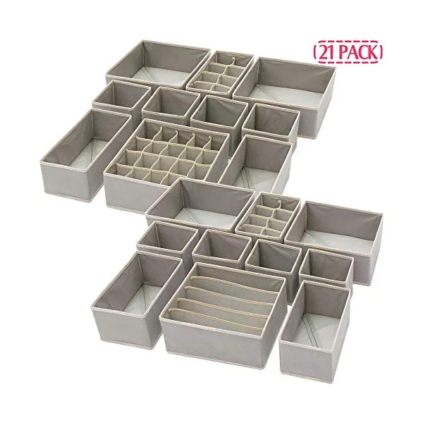 DIOMMELL Set of 21 Foldable Cloth Storage Box Closet Dresser Drawer Organizer Fabric Baskets Bins Containers Divider for Baby Clothes Underwear Bras Socks Lingerie Clothing,Grey 11-4249