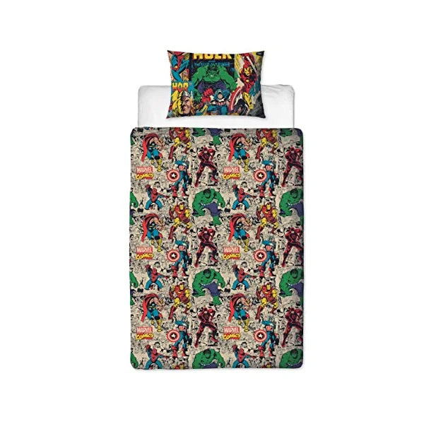 Disney Official Marvel Avengers Single Kids Duvet Cover Set | Reversible 2 Sided Bedding Including Matching Pillow Case | Comics Design | Character World Brands Single Bed Set