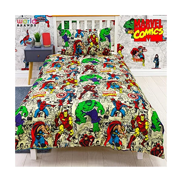 Disney Official Marvel Avengers Single Kids Duvet Cover Set | Reversible 2 Sided Bedding Including Matching Pillow Case | Comics Design | Character World Brands Single Bed Set