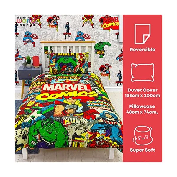 Disney Official Marvel Avengers Single Kids Duvet Cover Set | Reversible 2 Sided Bedding Including Matching Pillow Case | Comics Design | Character World Brands Single Bed Set